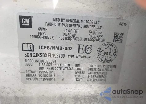 2015 Chevrolet Trax 1Ls z USA, uszkodzony, nr VIN 3GNCJKSBXFL192700